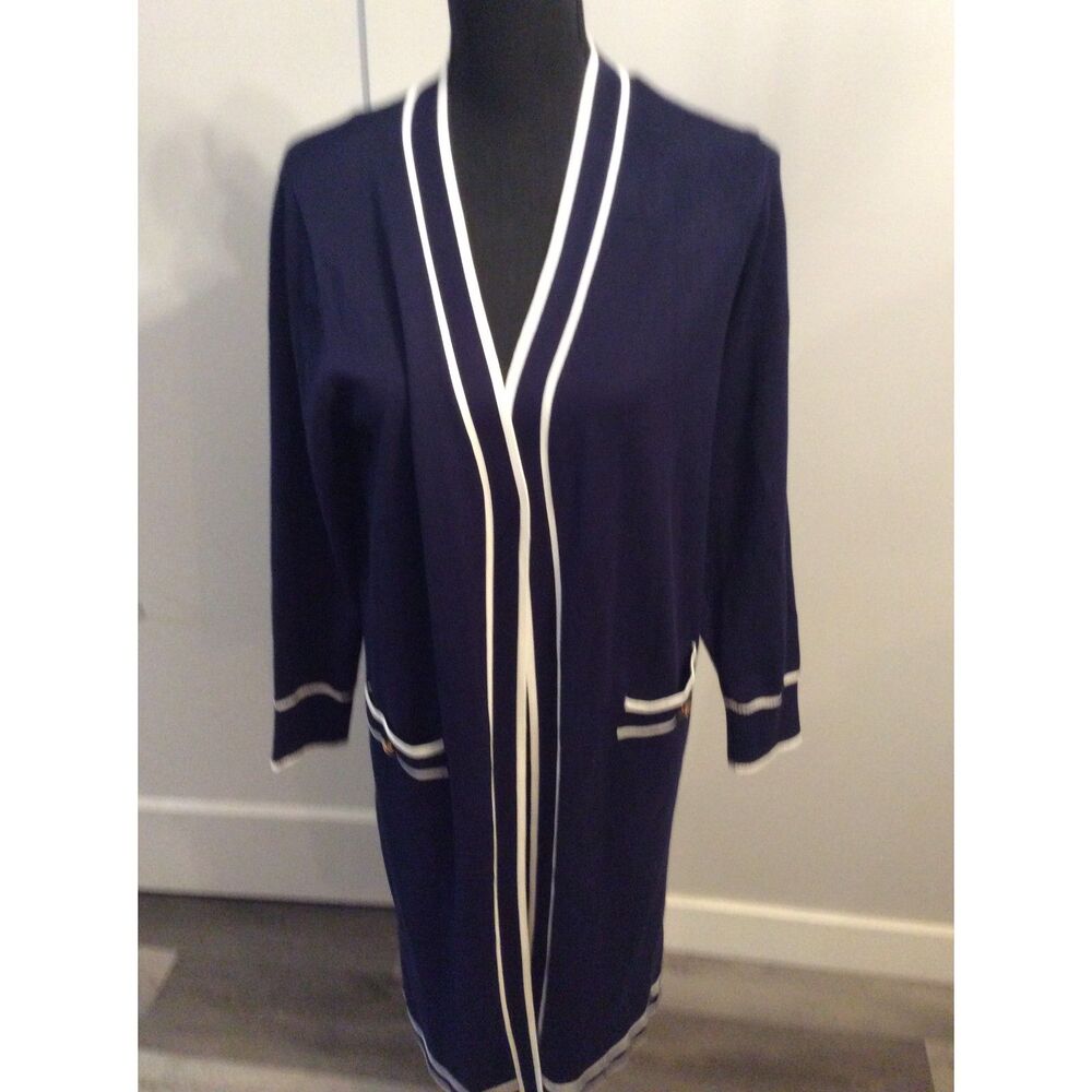 New NWT Vila Milano Large L Navy White Long Cardigan Sweater Womens